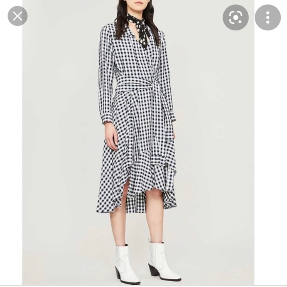 Maje Raprita Navy Gingham Handkerchief Tie Belt Midi Wrap Dress Size 3/L